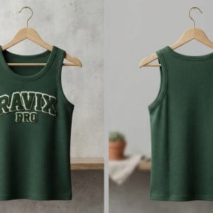 Custom Forest Green Tank Top with Distressed Arched Print – front and back view, custom manufactured by Ravix Pro Industry, Sialkot