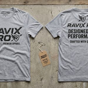 Custom Grey Tee with Performance Slogan Print – front and back view, custom manufactured by Ravix Pro Industry, Sialkot