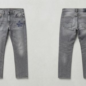 Custom Grey Wash Slim Jeans with Embroidered Pocket – front and back view, custom manufactured by Ravix Pro Industry, Sialkot