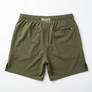 Custom Olive Split Hem Training Shorts – front and back view, custom manufactured by Ravix Pro Industry, Sialkot
