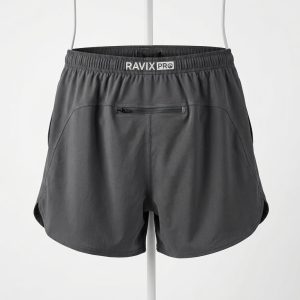 Custom Grey Running Shorts with Zip Back Pocket – front and back view, custom manufactured by Ravix Pro Industry, Sialkot