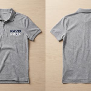 Custom Grey Polo with Navy Chest Print – front and back view, custom manufactured by Ravix Pro Industry, Sialkot