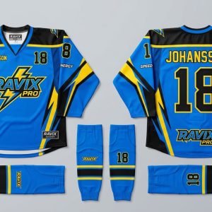 Custom Blue and Yellow Lightning Hockey Jersey – front and back view, custom manufactured by Ravix Pro Industry, Sialkot