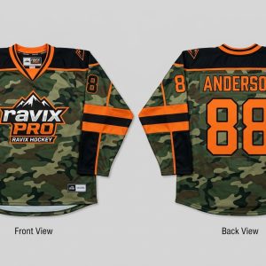 Custom Camo and Orange Hockey Jersey – front and back view, custom manufactured by Ravix Pro Industry, Sialkot