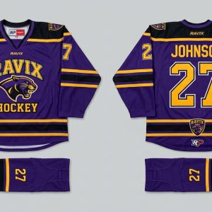 Custom Purple and Gold Panther Hockey Jersey – front and back view, custom manufactured by Ravix Pro Industry, Sialkot