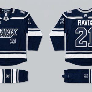 Custom Navy and White Hockey Jersey – front and back view, custom manufactured by Ravix Pro Industry, Sialkot
