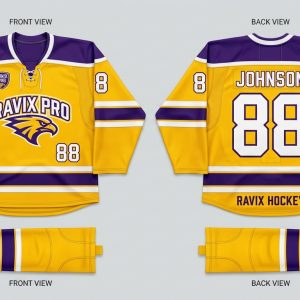 Custom Yellow and Purple Hockey Jersey – front and back view, custom manufactured by Ravix Pro Industry, Sialkot