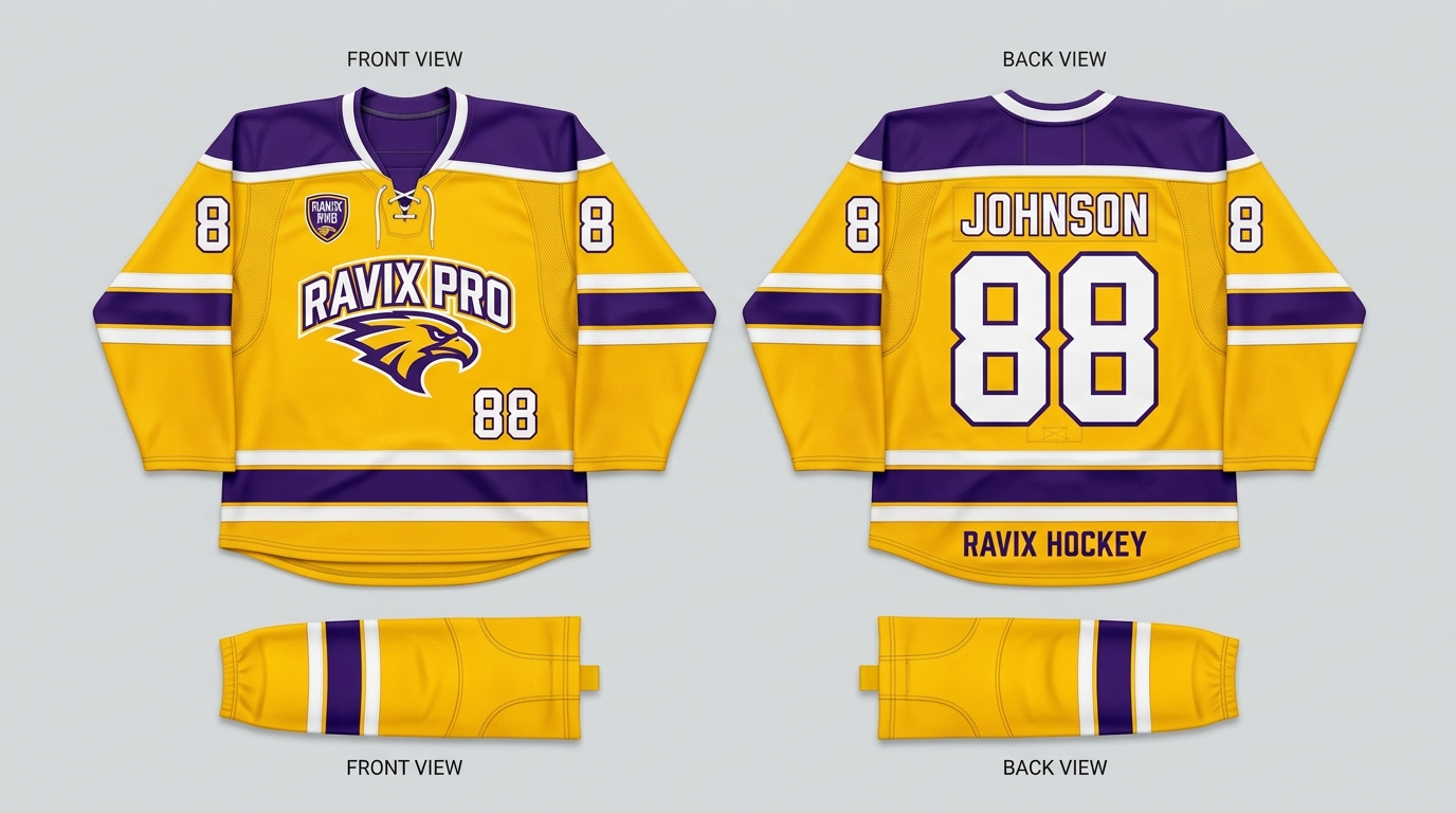 Custom Yellow and Purple Hockey Jersey Custom Yellow and Purple Hockey Jersey – front and back view, custom manufactured by Ravix Pro Industry, Sialkot