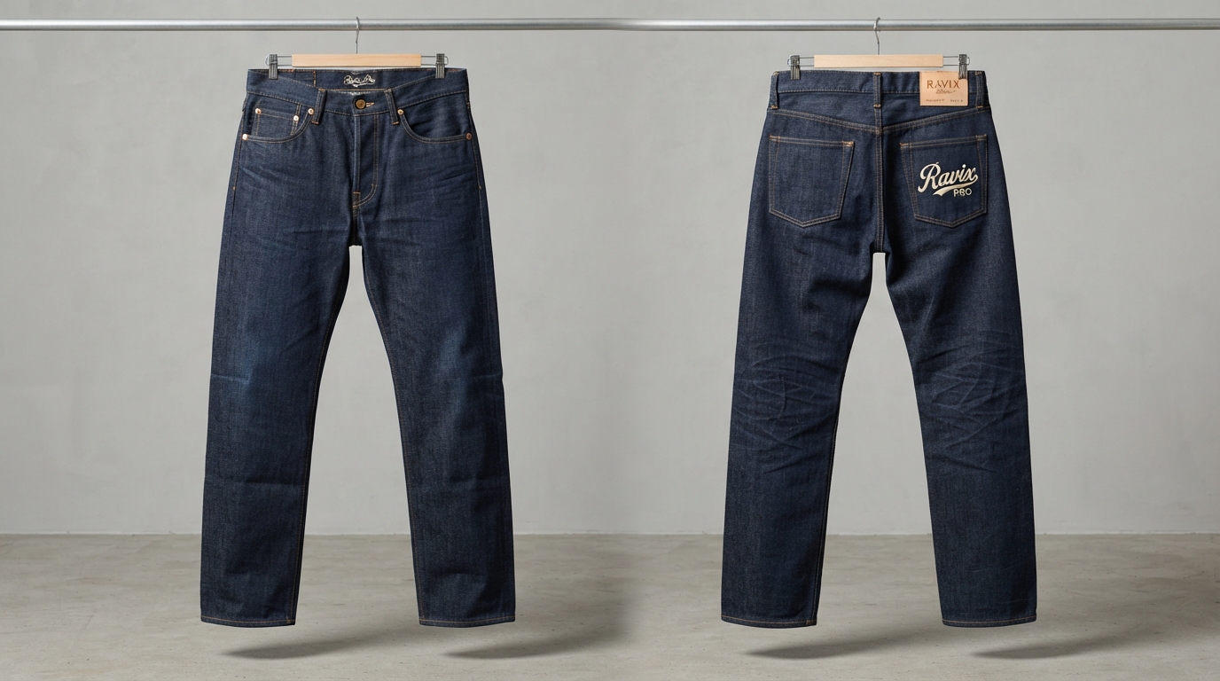 Custom Dark Rinse Straight Jeans with Pocket Script Custom Dark Rinse Straight Jeans with Pocket Script – front and back view, custom manufactured by Ravix Pro Industry, Sialkot