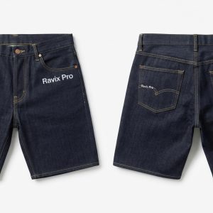 Custom Rinse Denim Shorts with Script Print – front and back view, custom manufactured by Ravix Pro Industry, Sialkot