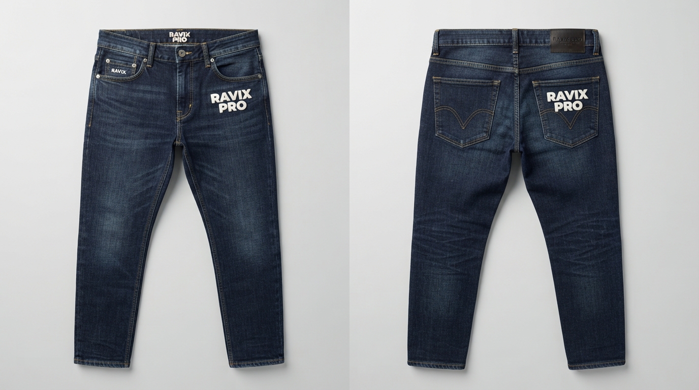 Custom Dark Wash Jeans with Front and Back Logo Custom Dark Wash Jeans with Front and Back Logo – front and back view, custom manufactured by Ravix Pro Industry, Sialkot