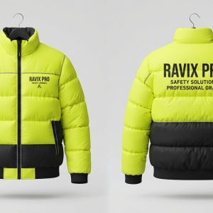 Custom Hi-Vis Yellow Puffer Jacket – front and back view, custom manufactured by Ravix Pro Industry, Sialkot