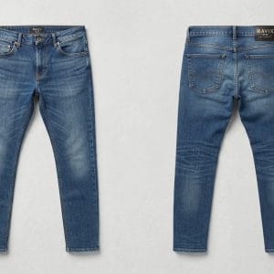 Custom Mid Blue Slim Fit Jeans – front and back view, custom manufactured by Ravix Pro Industry, Sialkot