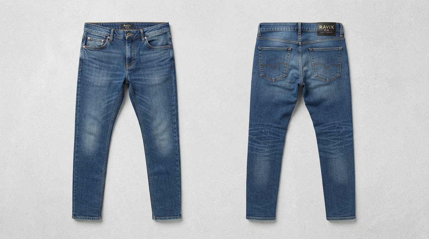 Custom Mid Blue Slim Fit Jeans Custom Mid Blue Slim Fit Jeans – front and back view, custom manufactured by Ravix Pro Industry, Sialkot