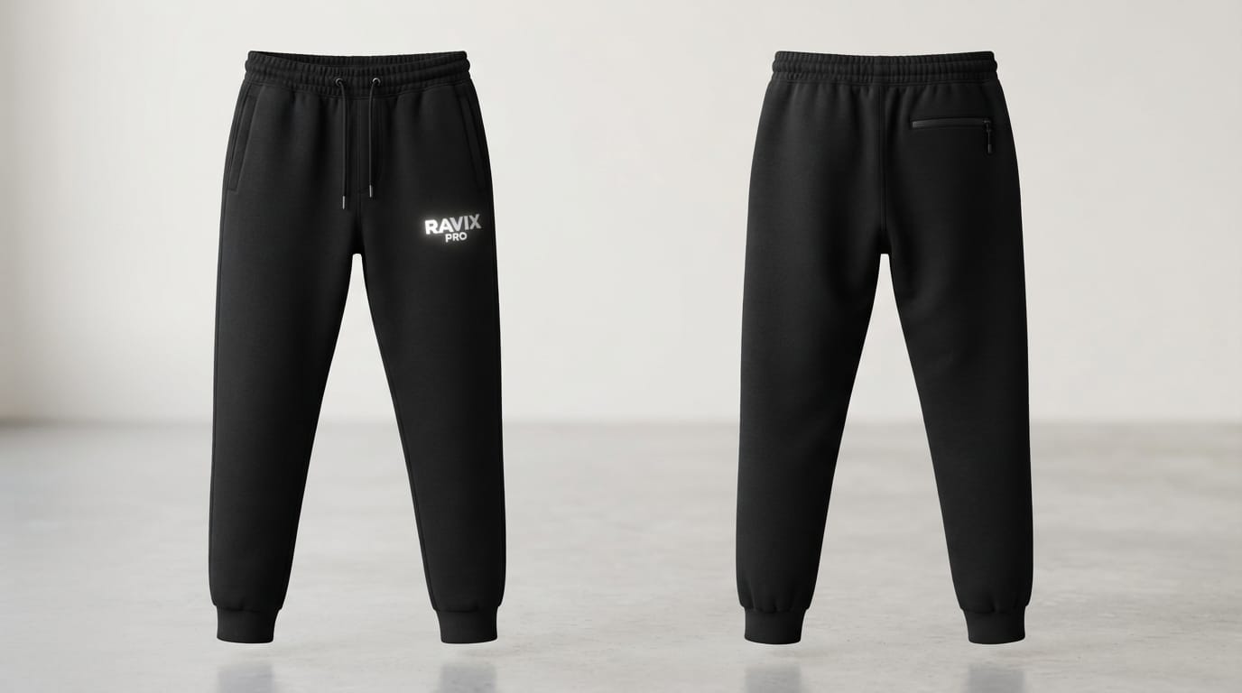 Custom Black Joggers with Small Hip Logo Custom Black Joggers with Small Hip Logo – front and back view, custom manufactured by Ravix Pro Industry, Sialkot