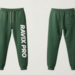 Custom Green Joggers with Vertical Leg Print – front and back view, custom manufactured by Ravix Pro Industry, Sialkot