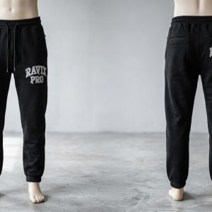 Custom Black Joggers with Collegiate Print – front and back view, custom manufactured by Ravix Pro Industry, Sialkot