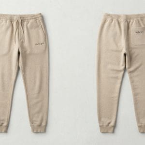 Custom Sand Fleece Joggers with Tonal Logo – front and back view, custom manufactured by Ravix Pro Industry, Sialkot