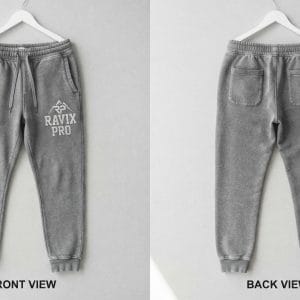Custom Grey Heather Joggers with Printed Logo – front and back view, custom manufactured by Ravix Pro Industry, Sialkot