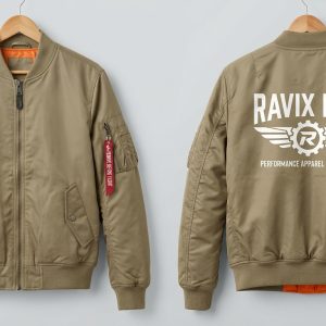 Custom Khaki MA-1 Bomber with Badge Back Print – front and back view, custom manufactured by Ravix Pro Industry, Sialkot
