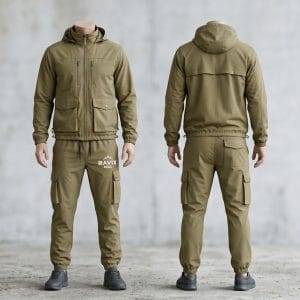Custom Khaki Utility Tracksuit with Cargo Pants – front and back view, custom manufactured by Ravix Pro Industry, Sialkot