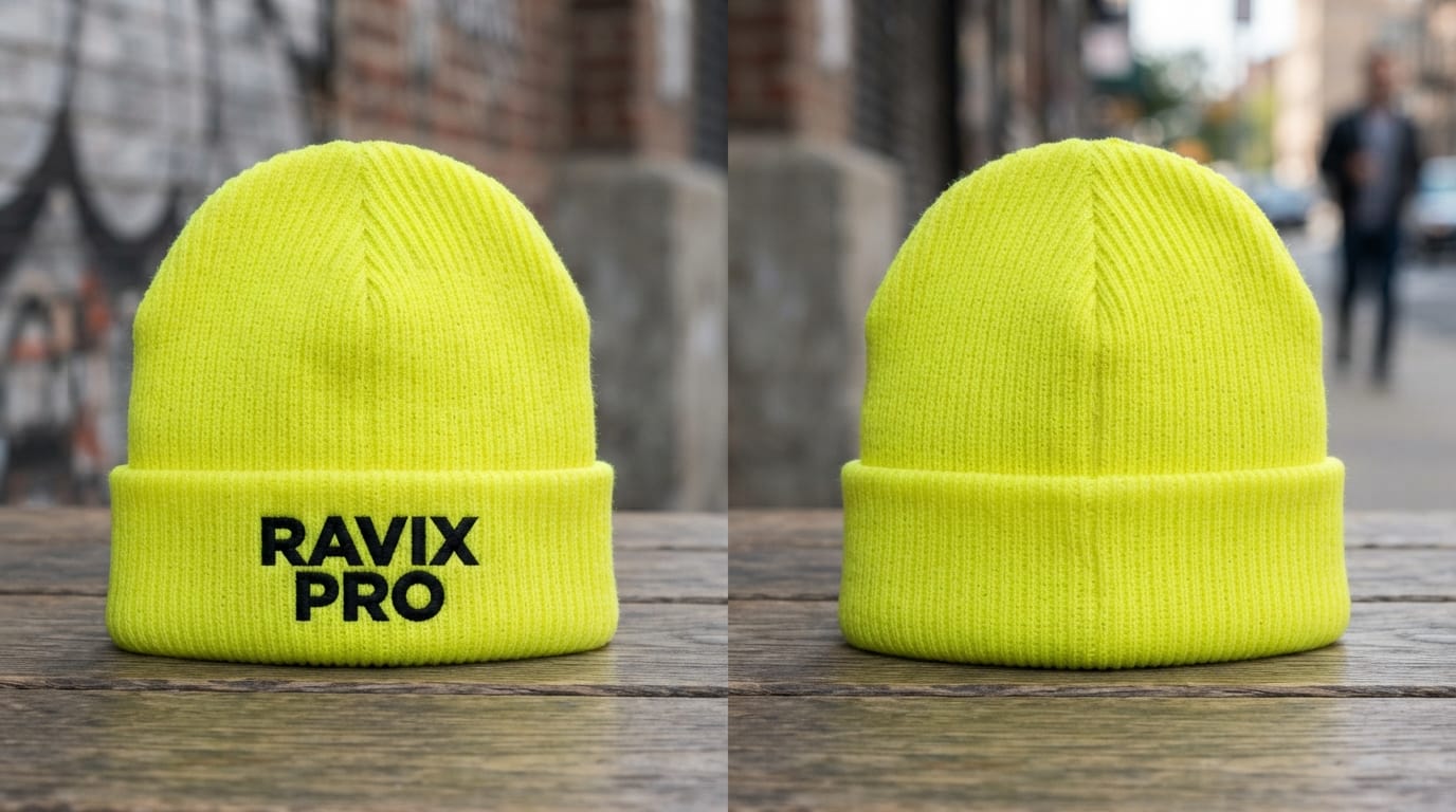 Custom Neon Yellow Cuffed Beanie with Black Embroidered Logo Custom Neon Yellow Cuffed Beanie with Black Embroidered Logo – front and back view, custom manufactured by Ravix Pro Industry, Sialkot