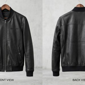 Custom Black Leather Bomber with Ribbed Trims – front and back view, custom manufactured by Ravix Pro Industry, Sialkot
