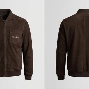 Custom Brown Suede Bomber Jacket – front and back view, custom manufactured by Ravix Pro Industry, Sialkot