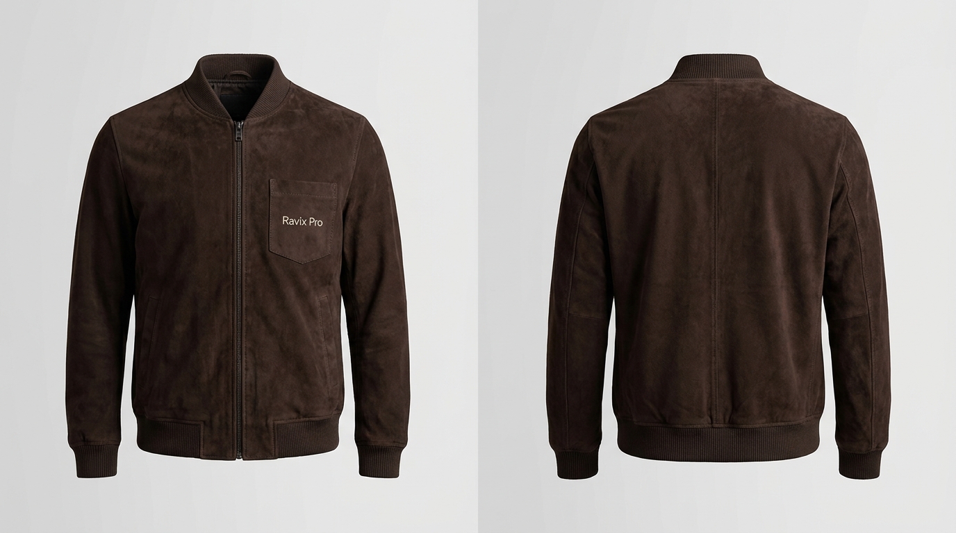 Custom Brown Suede Bomber Jacket Custom Brown Suede Bomber Jacket – front and back view, custom manufactured by Ravix Pro Industry, Sialkot