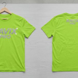 Custom Lime Green Tee with Reflective Logo – front and back view, custom manufactured by Ravix Pro Industry, Sialkot