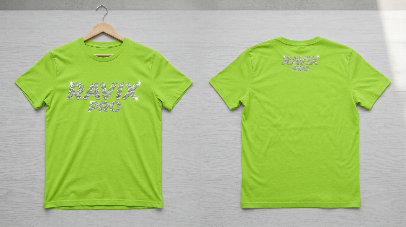 Custom Lime Green Tee with Reflective Logo Custom Lime Green Tee with Reflective Logo – front and back view, custom manufactured by Ravix Pro Industry, Sialkot