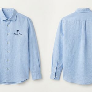 Custom Light Blue Linen Shirt with Logo – front and back view, custom manufactured by Ravix Pro Industry, Sialkot