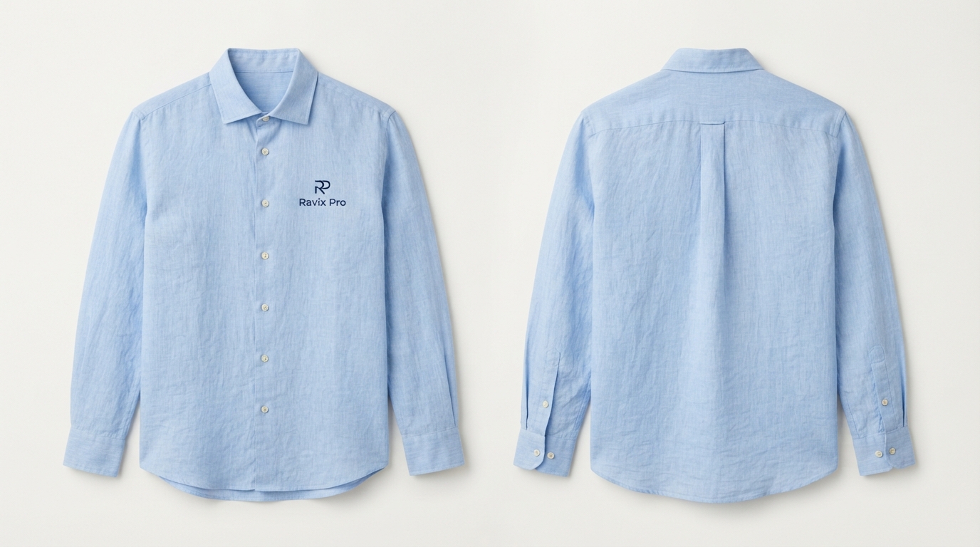 Custom Light Blue Linen Shirt with Logo Custom Light Blue Linen Shirt with Logo – front and back view, custom manufactured by Ravix Pro Industry, Sialkot