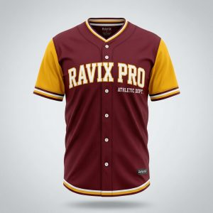 Custom Maroon and Gold Baseball Jersey – front and back view, custom manufactured by Ravix Pro Industry, Sialkot