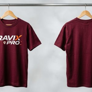 Custom Maroon Tee with White and Orange Logo – front and back view, custom manufactured by Ravix Pro Industry, Sialkot