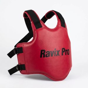 Custom Red Body Protector with Black Straps – front and back view, custom manufactured by Ravix Pro Industry, Sialkot