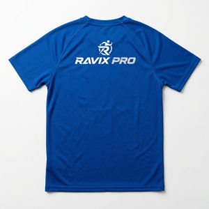 Custom Royal Blue Training Tee with Wordmark – front and back view, custom manufactured by Ravix Pro Industry, Sialkot