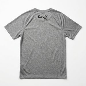 Custom Grey Heather Training Tee with Back Logo – front and back view, custom manufactured by Ravix Pro Industry, Sialkot