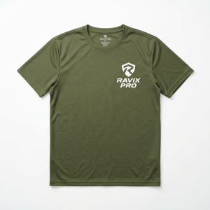 Custom Olive Performance Tee with Shield Logo – front and back view, custom manufactured by Ravix Pro Industry, Sialkot