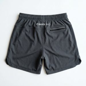 Custom Charcoal Running Shorts with Zip Pocket – front and back view, custom manufactured by Ravix Pro Industry, Sialkot