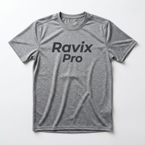 Custom Grey Heather Tee with Black Script Logo – front and back view, custom manufactured by Ravix Pro Industry, Sialkot