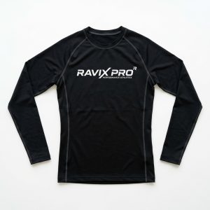 Custom Black Long Sleeve Rash Guard – front and back view, custom manufactured by Ravix Pro Industry, Sialkot