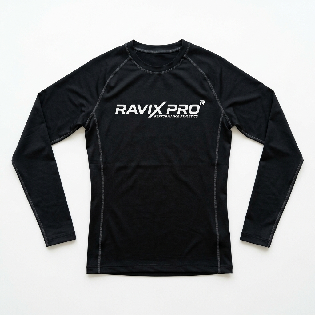 Custom Black Long Sleeve Rash Guard Custom Black Long Sleeve Rash Guard – front and back view, custom manufactured by Ravix Pro Industry, Sialkot