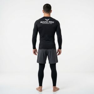 Custom Black Compression Shirt and Tights Set – front and back view, custom manufactured by Ravix Pro Industry, Sialkot