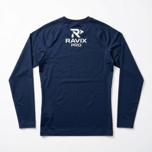 Custom Navy Long Sleeve Compression Shirt – front and back view, custom manufactured by Ravix Pro Industry, Sialkot