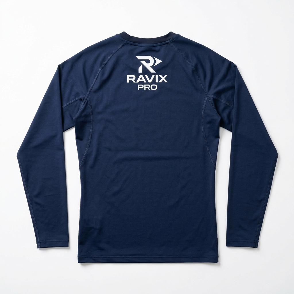 Custom Navy Long Sleeve Compression Shirt Custom Navy Long Sleeve Compression Shirt – front and back view, custom manufactured by Ravix Pro Industry, Sialkot