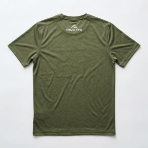 Custom Olive Training Tee with Back Logo – front and back view, custom manufactured by Ravix Pro Industry, Sialkot
