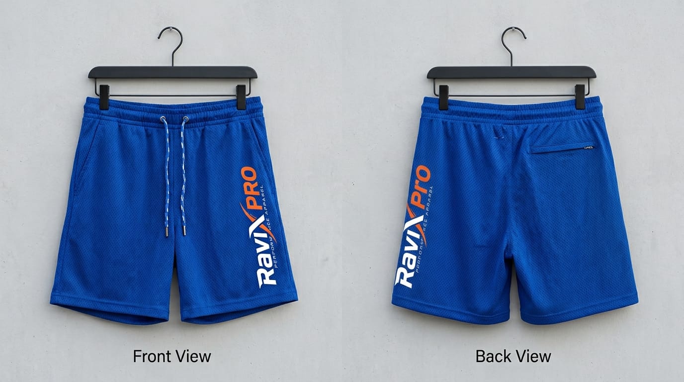 Custom Royal Blue Mesh Shorts with Side Logo Custom Royal Blue Mesh Shorts with Side Logo – front and back view, custom manufactured by Ravix Pro Industry, Sialkot