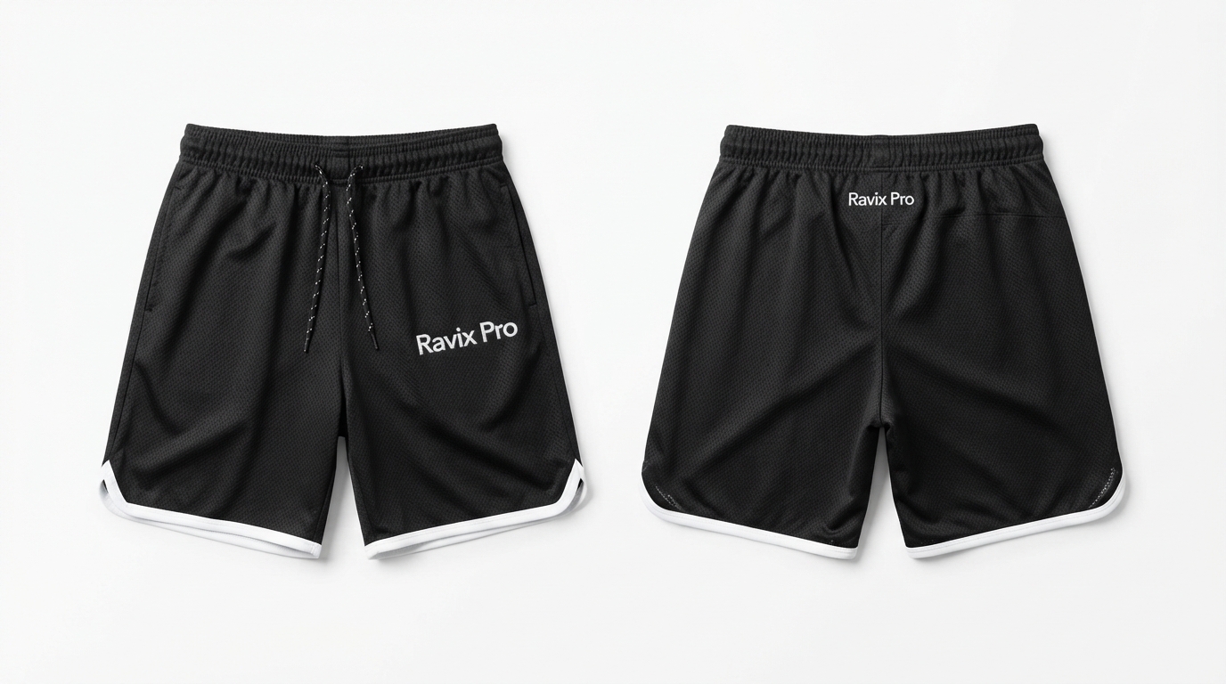 Custom Black Mesh Shorts with White Trim Custom Black Mesh Shorts with White Trim – front and back view, custom manufactured by Ravix Pro Industry, Sialkot