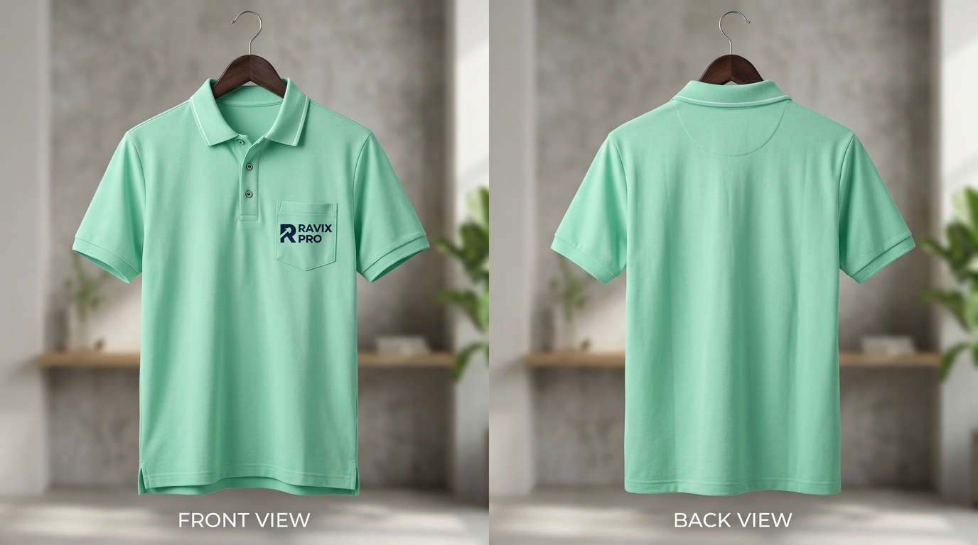 Custom Mint Polo with Navy Monogram Custom Mint Polo with Navy Monogram – front and back view, custom manufactured by Ravix Pro Industry, Sialkot